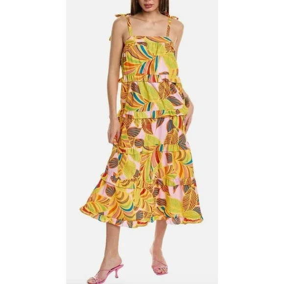 Flora Bea‎ NYC Carey Dress Womens Large Yellow Ruffle Tie Resort NWT