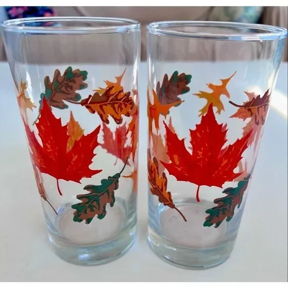 2 Vintage  Libbey Crisa Autumn Fall Leaves Highball Glasses.
