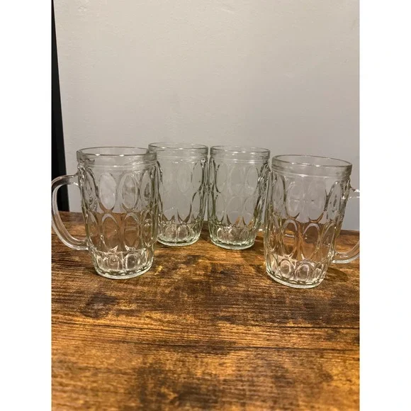 Vintage Thumbprint Glass RootBeer Mugs Set of 4 Clear Dimple Steins 5.5