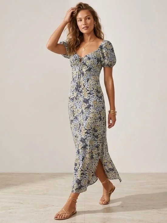 & MERCI Floral Puff Sleeve Maxi Dress in‎ Blue and Yellow - M