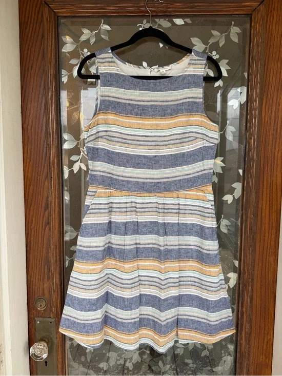 BeachLunchLounge Women's Medium Blue Striped Linen Blend Dress Coastal Beach EUC