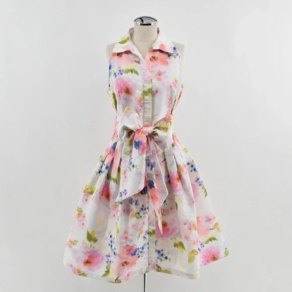 Sara‎ Campbell Floral Fit Flare Dress Womens Size 6 White Pink Watercolor Garden