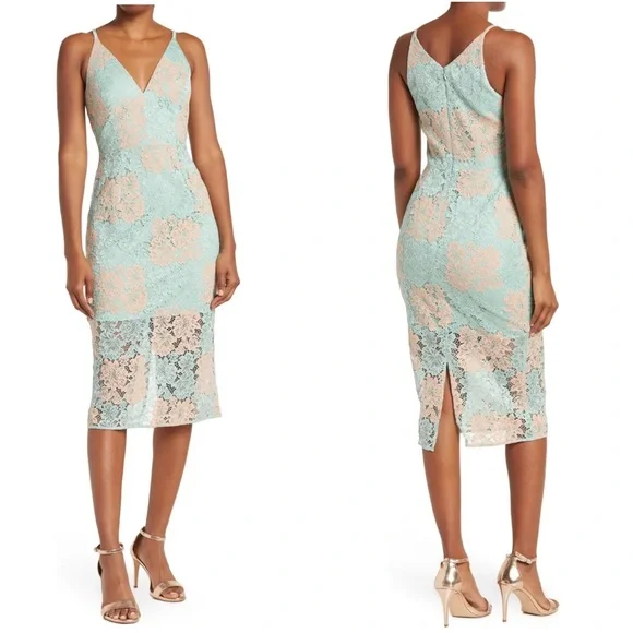 Dress the Population Aurora Sleeveless Plunge Lace Midi Dress Seafoam Size Small