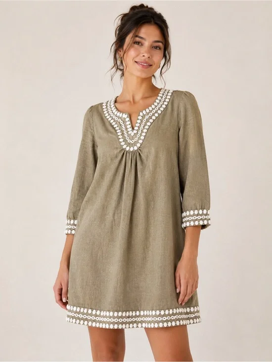 Boden 100% cotton Olive Green Mini Dress 3/4 sleeves with White Trim 6P