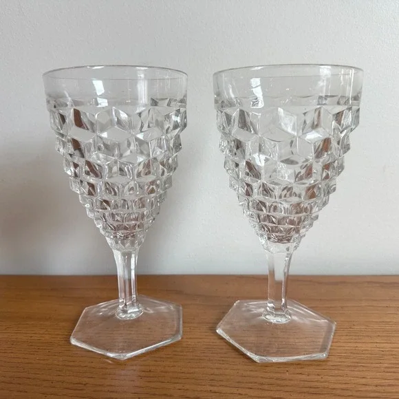 Pair (2) Vintage Fostoria‎ American Water Goblets Clear Diamond Cut Stemware