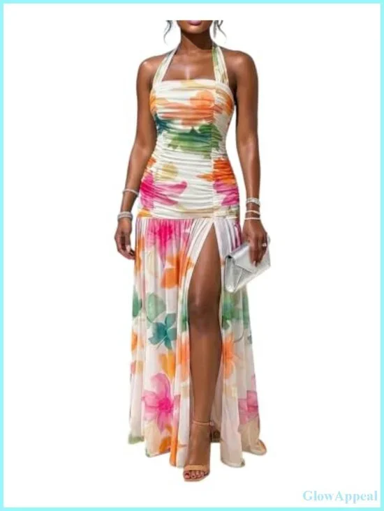 Elegant Backless Halter Maxi Dress with Ruched Mermaid Hem