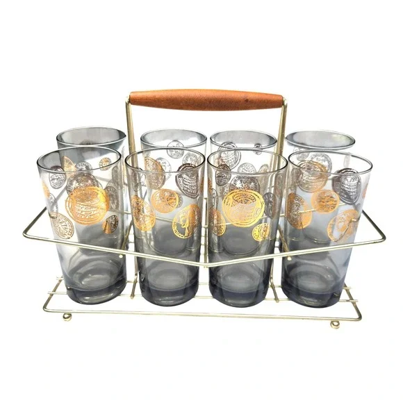 Vtg Highball Glasses Set 8 clear + Smoky Grey Gold Roman Coin MCM Barware Caddy