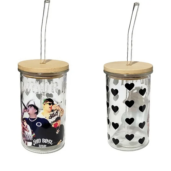 Junior H Custom Glass Tumbler Cup 16oz Black Hearts Mexican