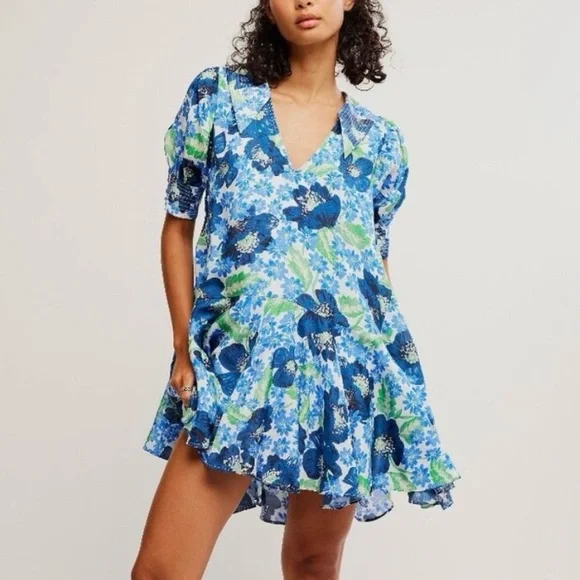 Free People NWT Moon Chaser Mini Dress Floral Print Short Puff Sleeves Blue