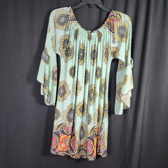 WinWin Tie Sleeve Mint Green Bohemian Medallion Print Mini Dress XL‎ BOHO Hippie