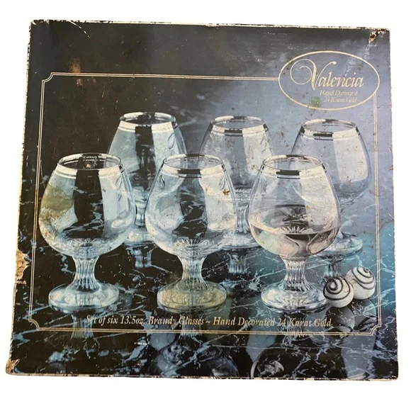 VTG Valencia Hand Decorated Brandy Glasses Set of 6,‎ 13.5 oz, 24K Gold Rim NEW
