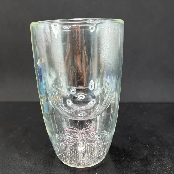 Double Walled Glass Tumbler Cup with Pink Bow Accent Clear Insulated Cup 5.5in‎