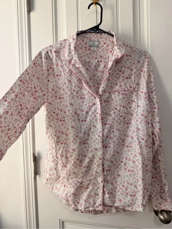 Floral Button-Front Pajama Top With Matching Pants- White with Pink Florals