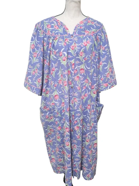Vintage Crowntuft Blue Floral House Coat Robe House Dress Grannycore 2XL Cottage