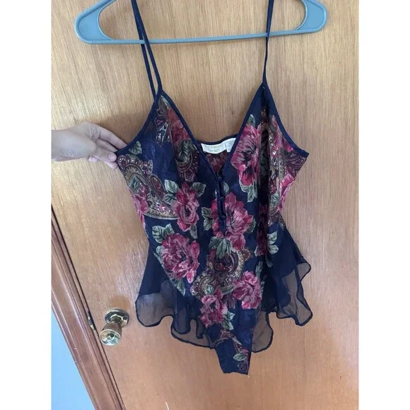 Vintage Victoria’s Secret Floral Teddy Bodysuit L Sheer Lace Paisley Lingerie
