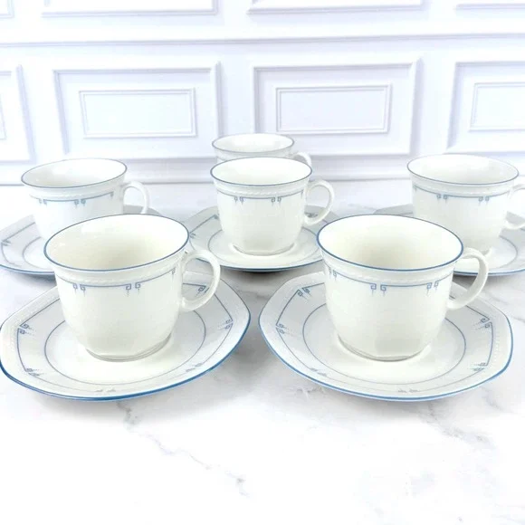 Schirnding Bavaria MCM Blue Greek Key Set of 6 Teacups & 5 Saucers