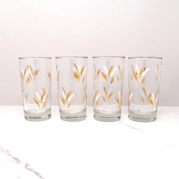 Vintage Libbey Wheat Spray 12 oz Gold-rimmed Highball Glasses - set of 4 (1960s)