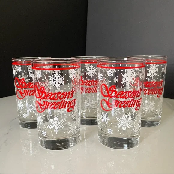 SET of 5 Season's Greetings Snowflake Glasses by Libbey