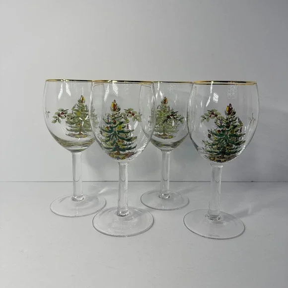 Spode Christmas Tree Wine Glasses Set of 4 Gold Rim Holiday Stemware 7.25 inch‎