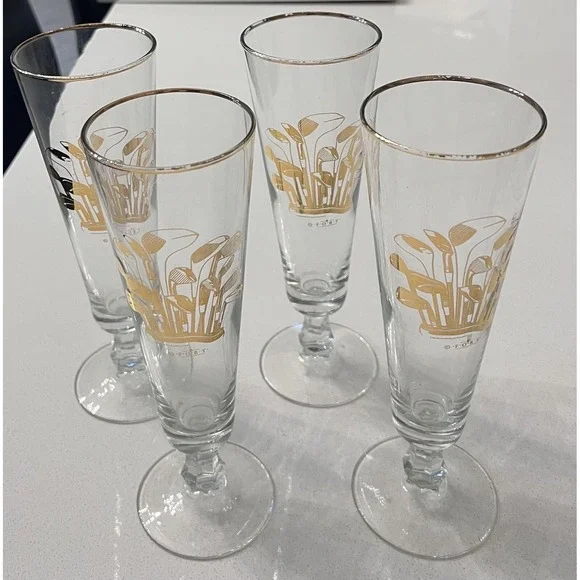 Vintage Clear Glass Champagne Glasses with Gold‎ Golf Clubs by F-O-R-T Set Of 4