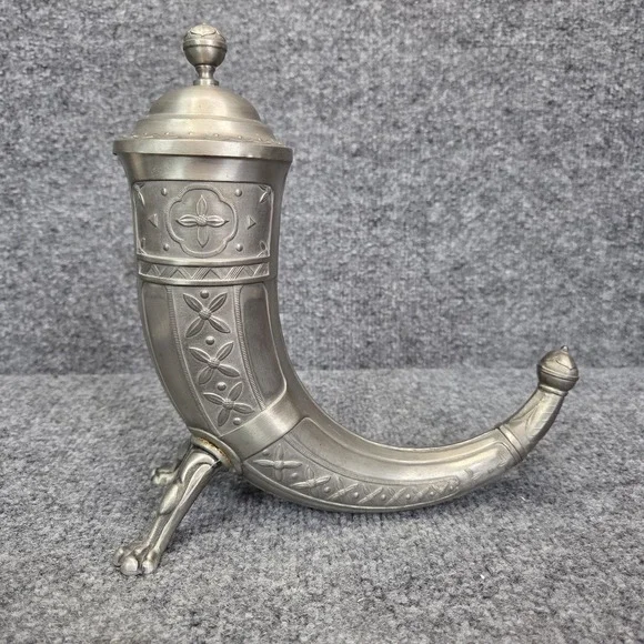 Vintage Aksel Holmsen Pewter Viking Drinking Horn with Lid Made in Norway 1930's