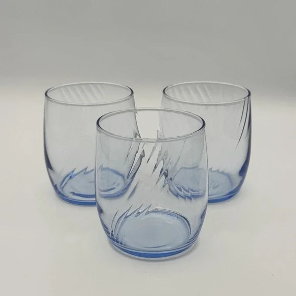 Vintage Blue Optic Swirl Lowball Tumbler Glasses Set of 3 Rocks Whiskey Barware