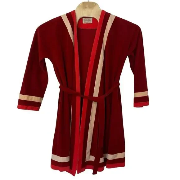 Vanity Fair Vintage Women’s Red and Cream Velour‎ Robe Size M 60s 70s Loungewear