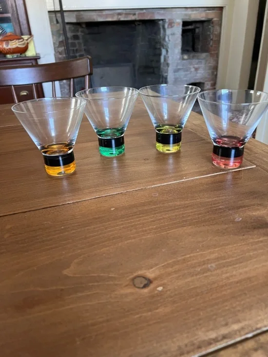 4 Mitbak European Crystal Martini Glasses Colorful Base Black Band Stemless 4x4”