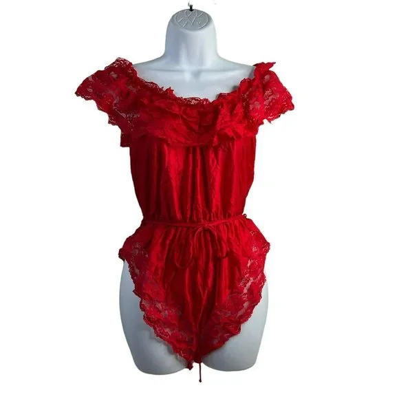 Vintage 70s‎ 80s Teddy One Piece Red Lace Satin Romper Lingerie High Cut Booty M