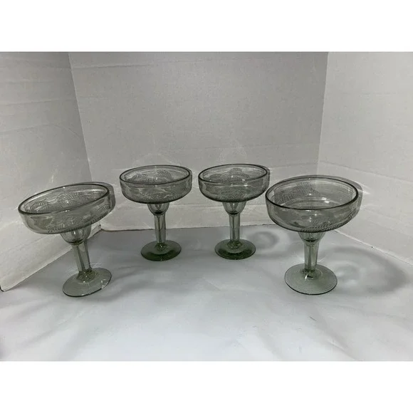 Margarita Glasses‎ Handblown Set Of (4) Green Stem Green Bowl Etched