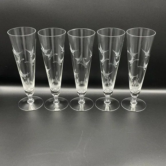 Vintage Etched Flying‎ Ducks Cattails Pilsner Glasses Set Of 5 Elegant Glass