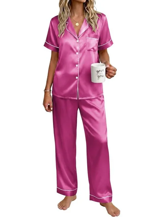 Women's Rose Red Silky Short Sleeve Button Down Loungewear Pajama Set