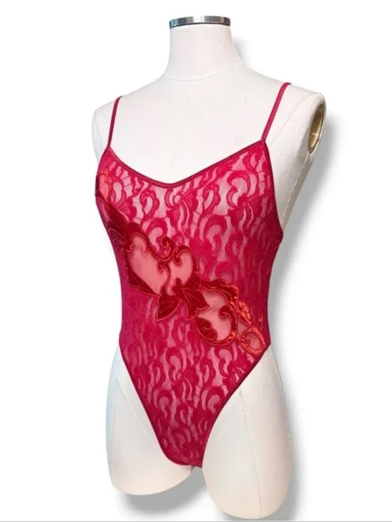 NATORI Red Stretch Lace Bodysuit Sheer Mesh & Satin Design Size Small VINTAGE