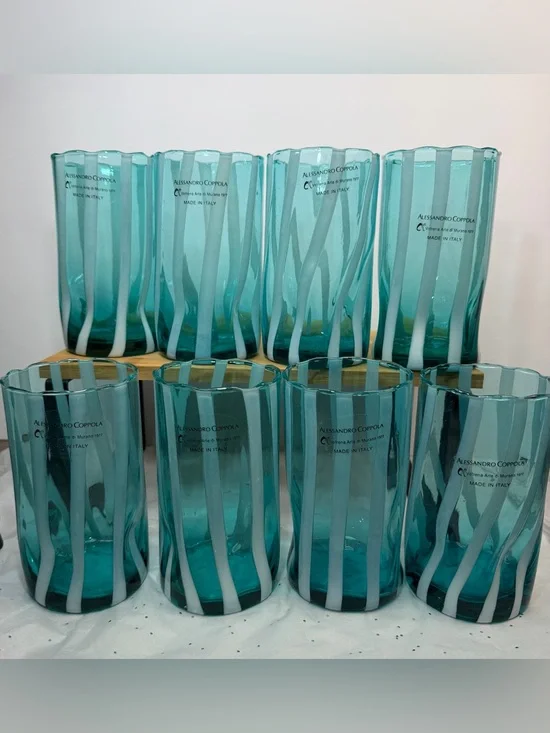 Set Of 8 Alessandro Coppola Arte di Murano Italy Aqua/ Teal Glass Tumblers  NWT