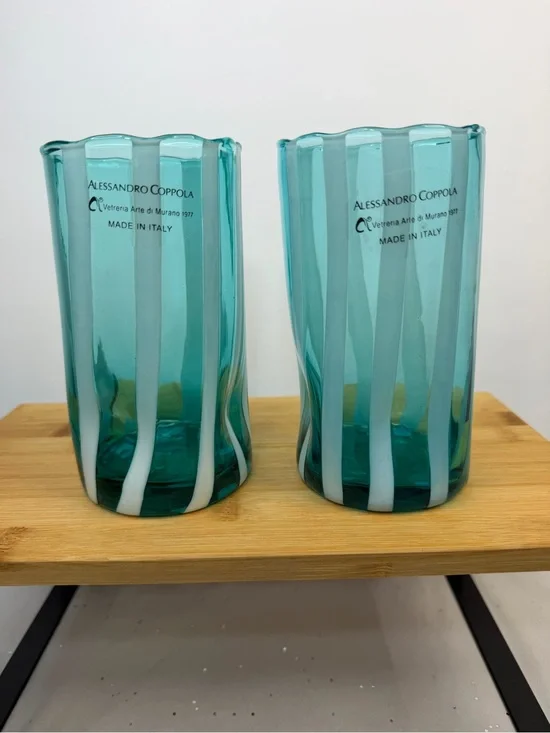 Alessandro Coppola Arte di Murano Italy Aqua/ Teal Glass Tumblers Set of 2 NWT