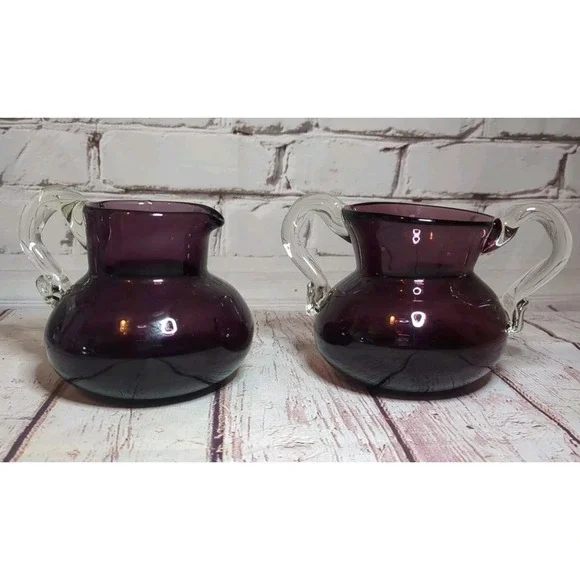 Hand Blown‎ Amethyst Glass Sugar And Creamer Set