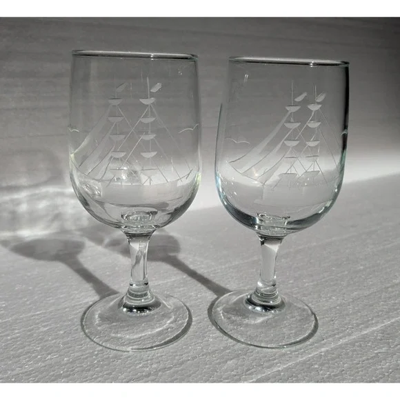 PAIR JAVIT Clipper Collection Etched Glass Sail Ship‎ Wine Glass 10 oz VTG 6.5