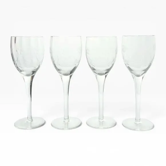 1940s Vintage 4 Etched Flower Optic Wine, Water or All Purpose Glasses 8” 8oz