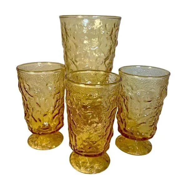 Anchor Hocking Vintage Lido Milan Amber Honey Crinkle Glasses 3 Juice, 1 Tumbler