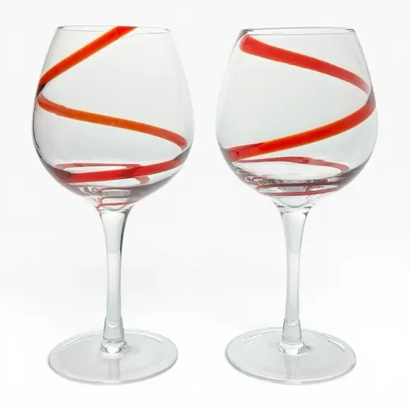 Pier 1 “Swirline, Red” Pair of Balloon Wine Glasses 8 3/4” 22oz