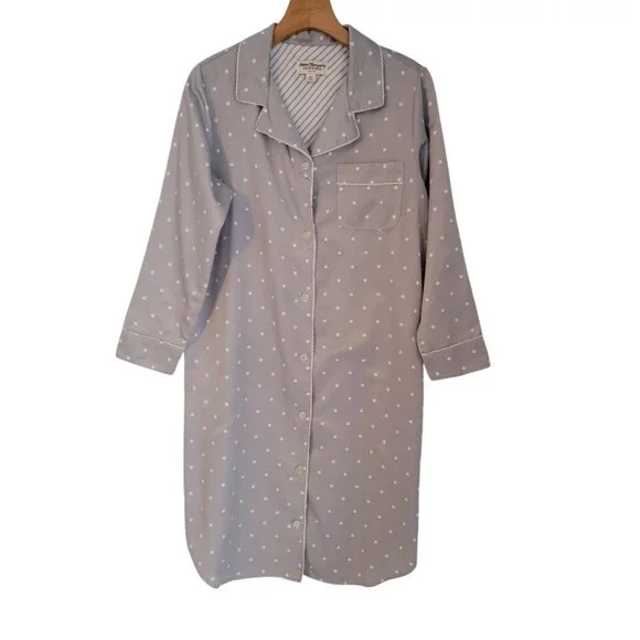 Norm Thompson Nightgown Polka Dot Gray White Button‎ Down SZ PETITE SMALL PS