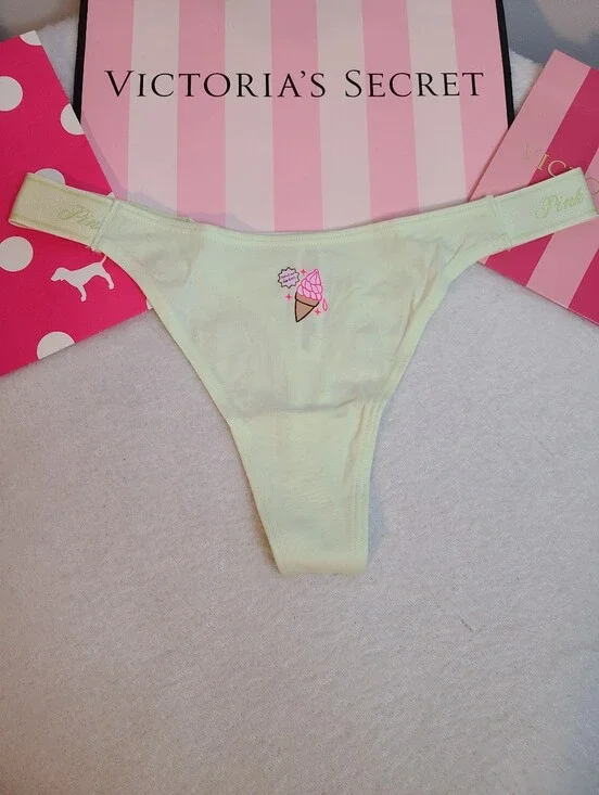 VS PINK Soft Cotton Logo Band High Leg Thong Panty Size M Ice Cream
