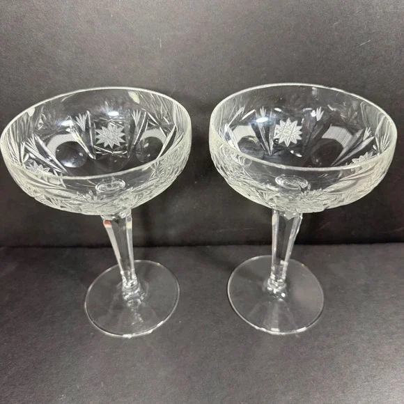 Champagne Coupe Glasses Clear Starburst Cut Pattern Vintage Style Set of 2