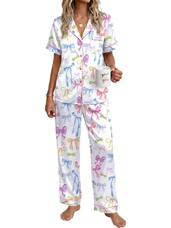 Women's Colorful Polyester Short Sleeve Button Down Loungewear Satin Pajama Set