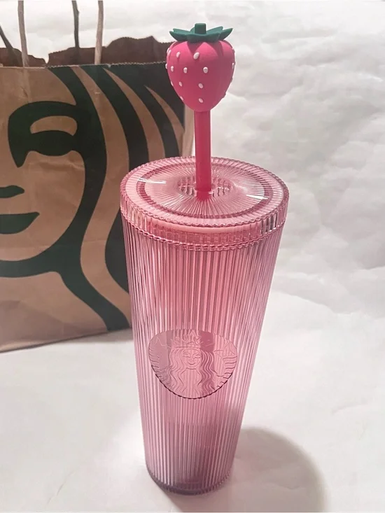 Starbucks Pink Tumbler Cold Cup with Strawberry Topper & Reusable Straw 24oz
