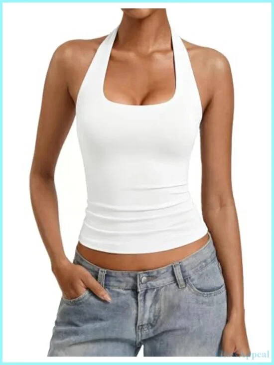 Double Lined Halter Tank Top Ruched Fitted Backless Going Out Top Sexy Cute Y2k