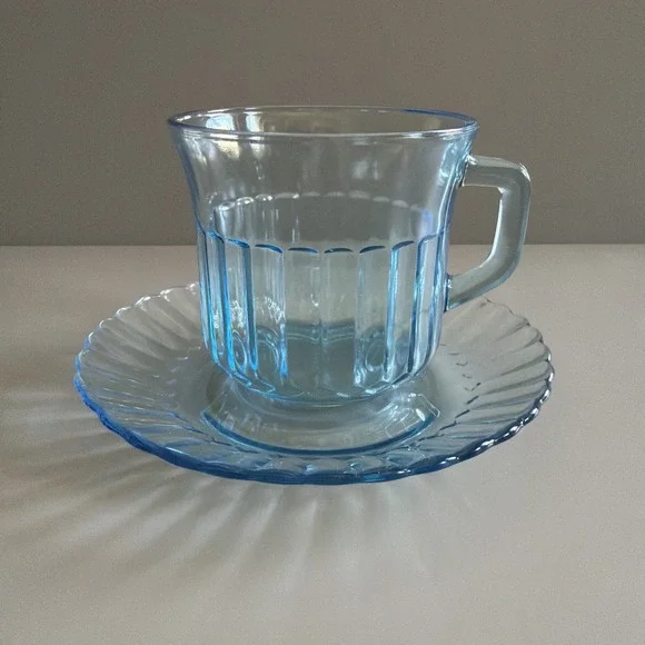 Vintage 1980s Fortecrisa Mexico Ice Azure Blue Glass Coffee Tea Cup & Saucer 8oz