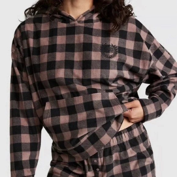 Pink Victorias Secret Womens Fleece Hoodie‎ Size XL Plaid Pocket Cozy Fleece