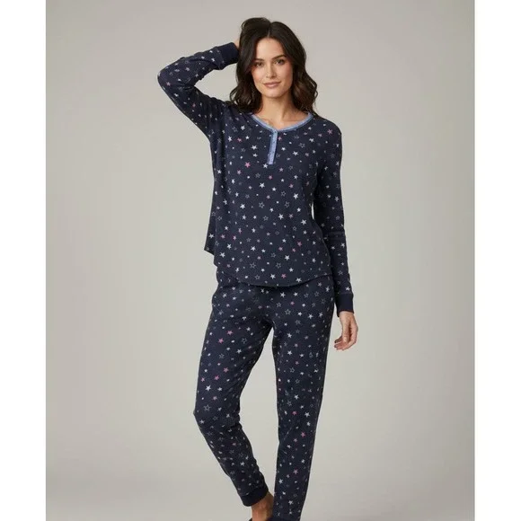 AQUA Women's Medium Navy Blue Star Pattern‎ Sleep-Wear Thermal Pajama Set