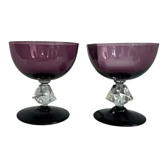 Vintage Bryce Brothers Aquarius Amethyst Coupe Glasses Diamond Stem Cocktail 2pc